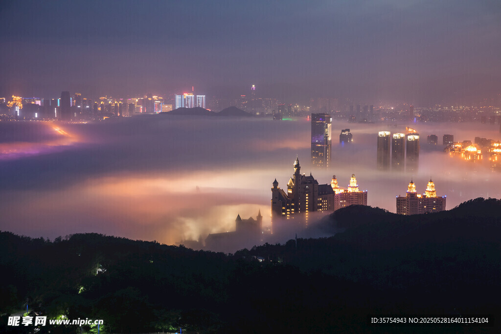 雾中城市夜景璀璨迷人