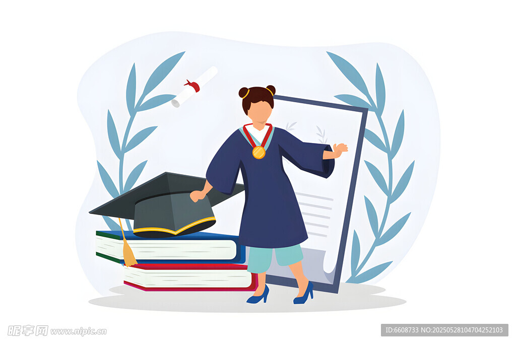 毕业学子与书籍和学位帽