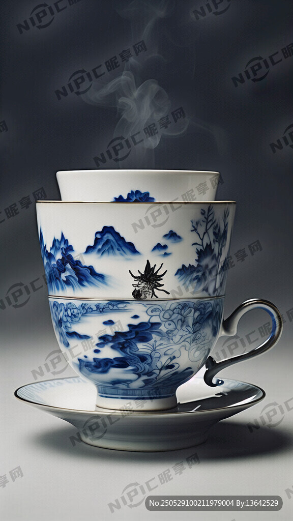 用青花瓷茶杯生成一个非常有意境