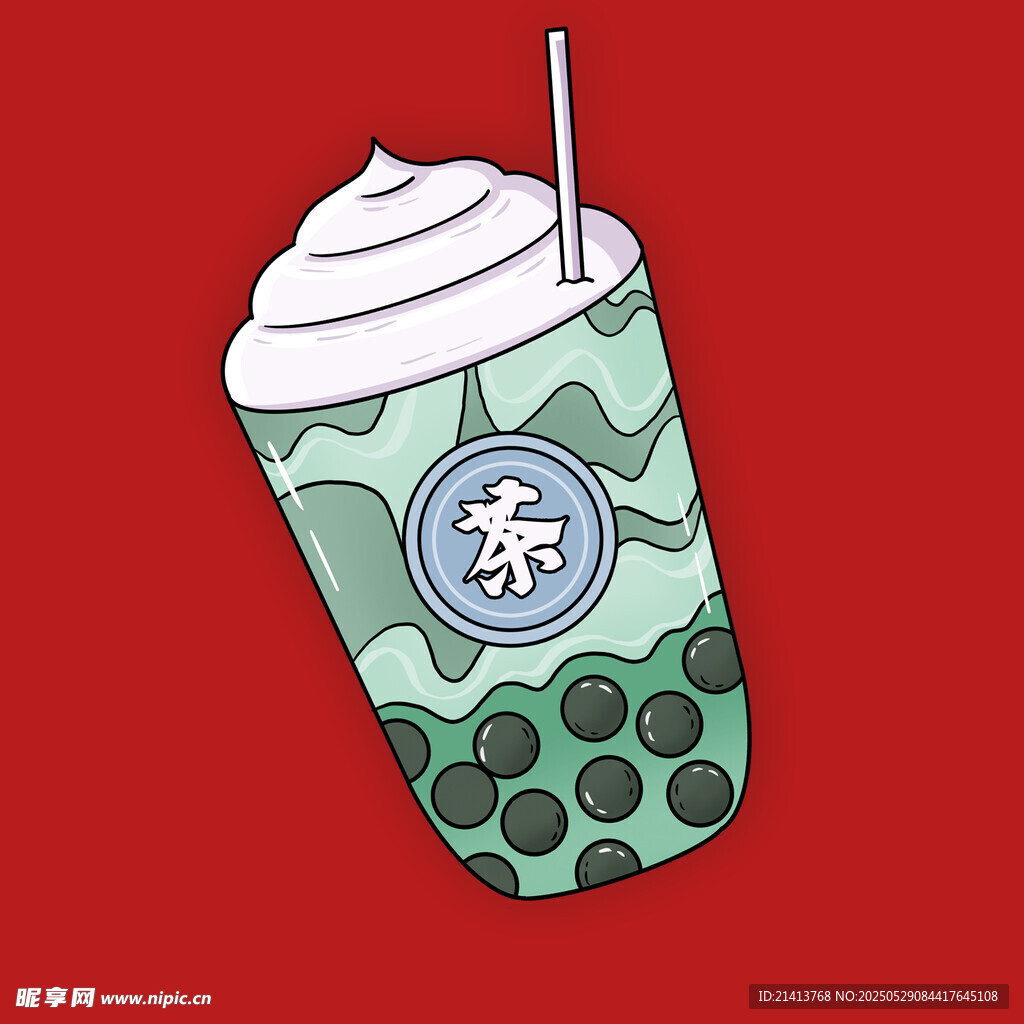 卡通抹茶珍珠奶茶插画