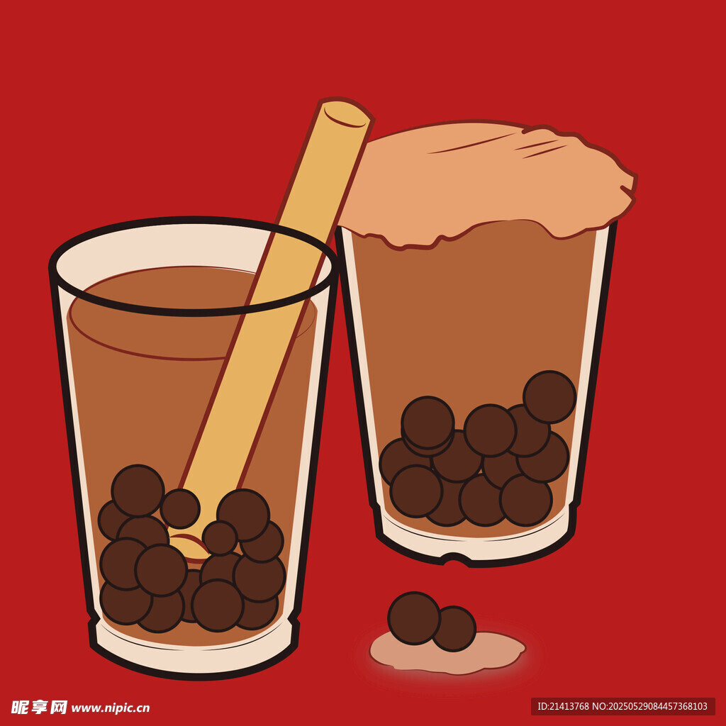 两杯美味珍珠奶茶插画