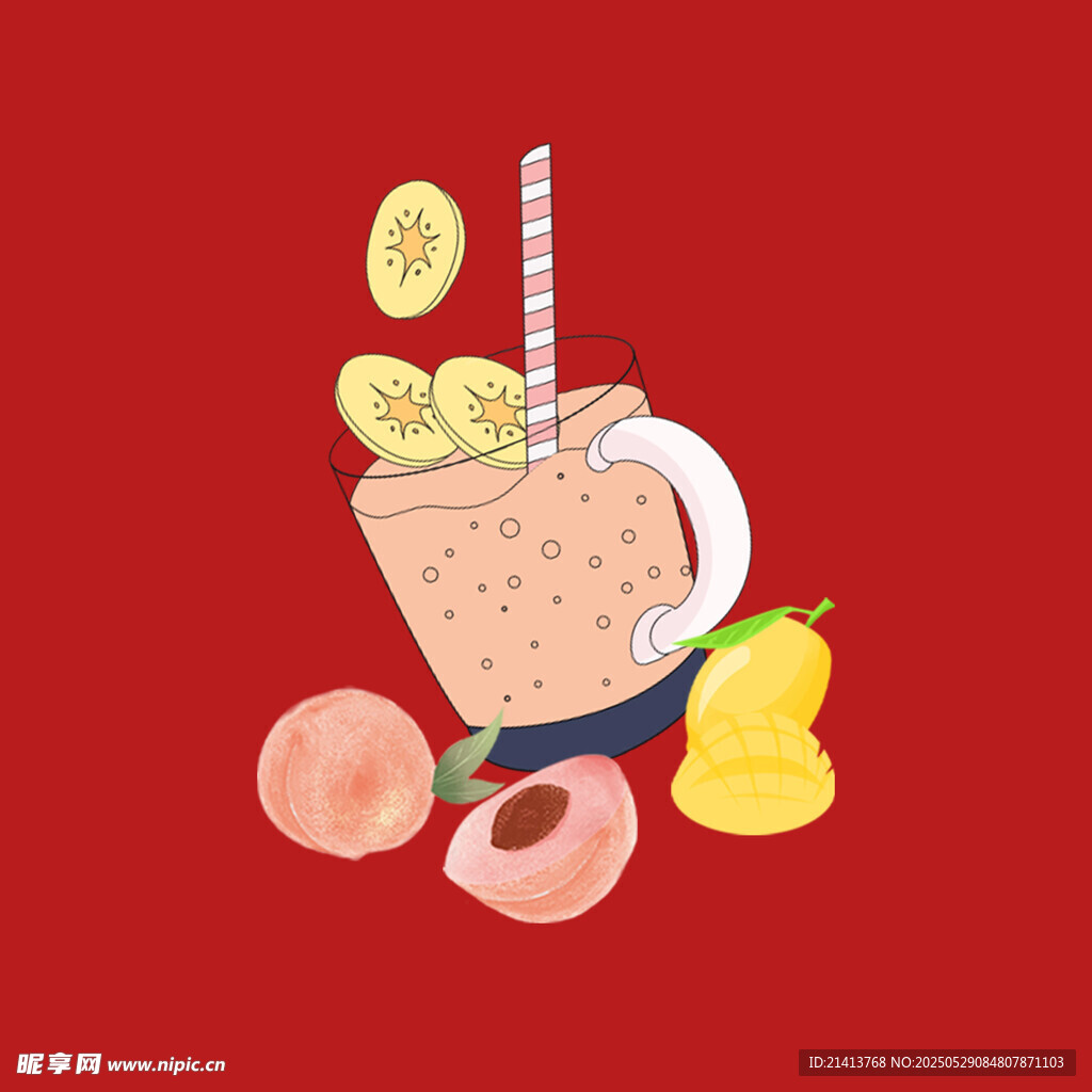 蜜桃饮品与鲜果插画
