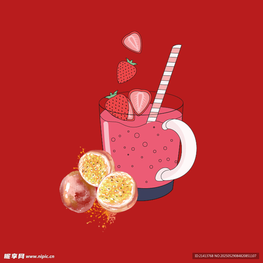 草莓饮品与水果插画