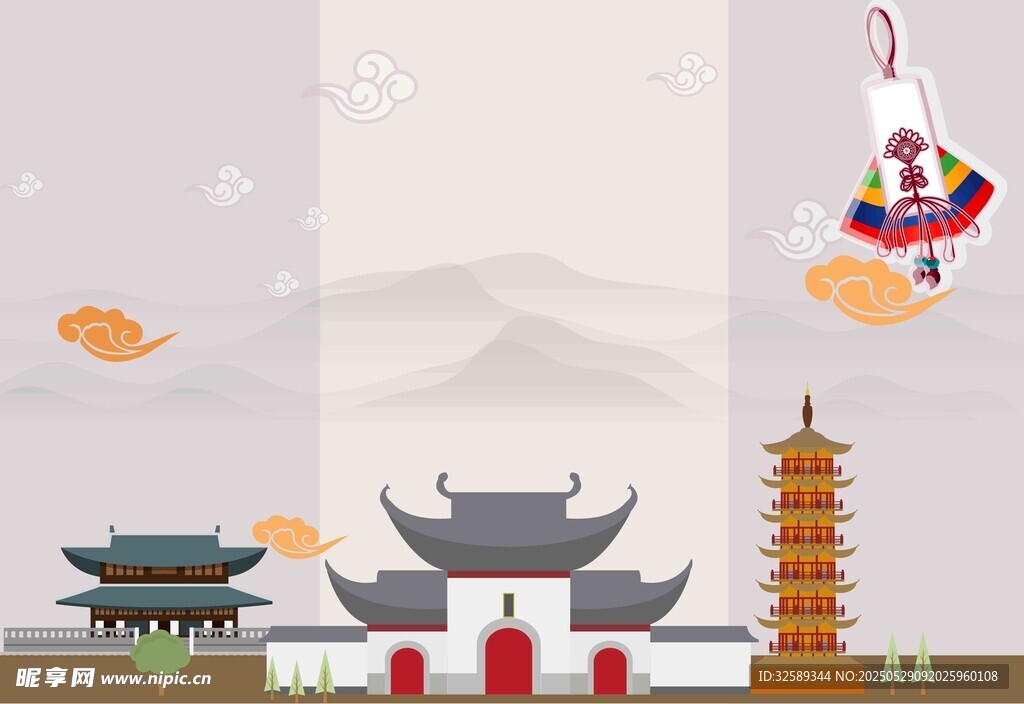 中式古建筑风景插画