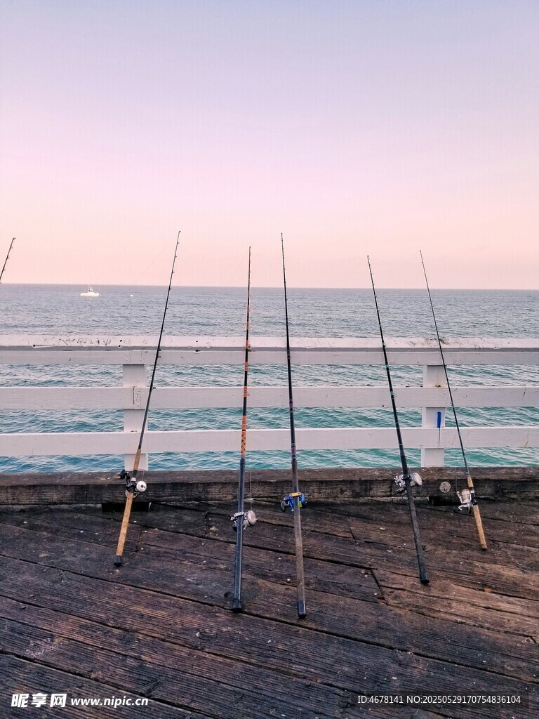 海边排列的钓鱼竿
