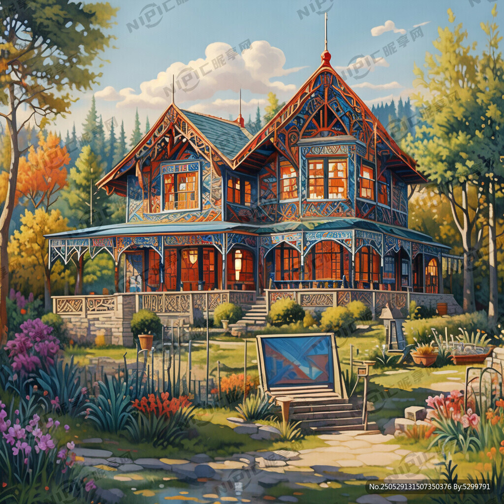 伊犁民族风格油画房屋