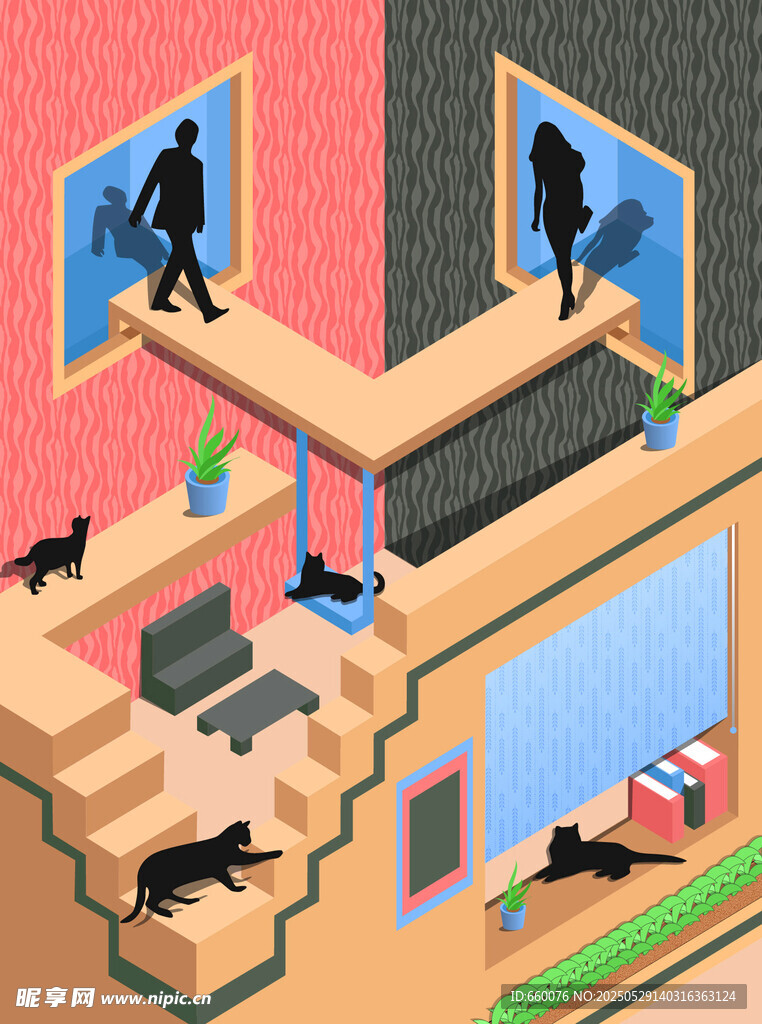 屋内黑猫与神秘人影场景插画