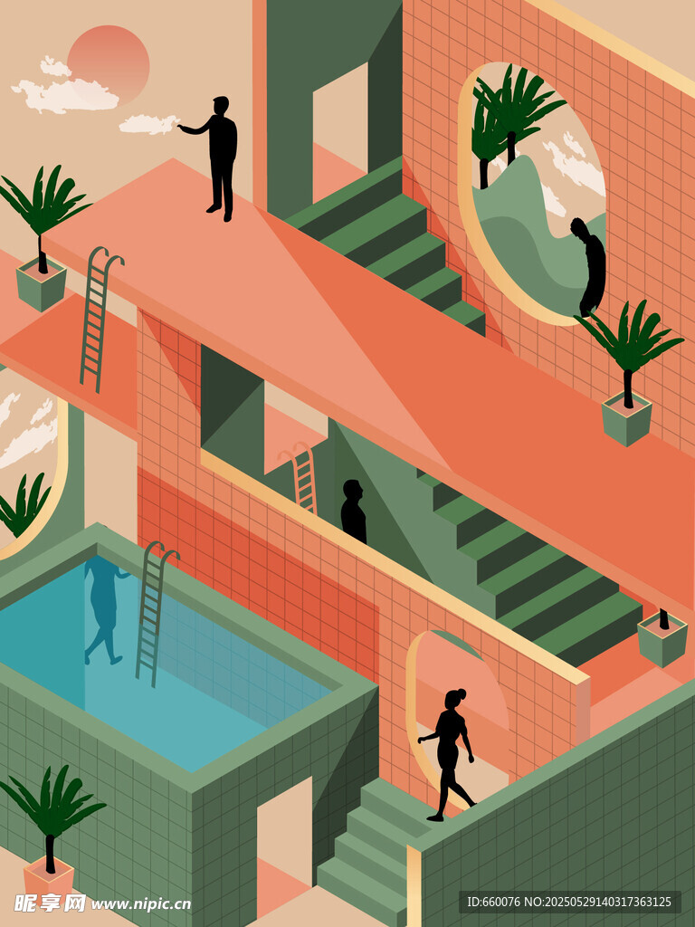 现代建筑中的休闲场景插画