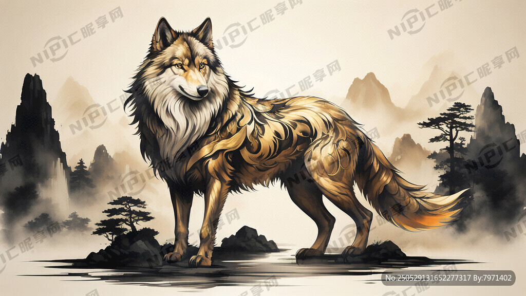 一只金色狼 狼的毛发闪闪发光