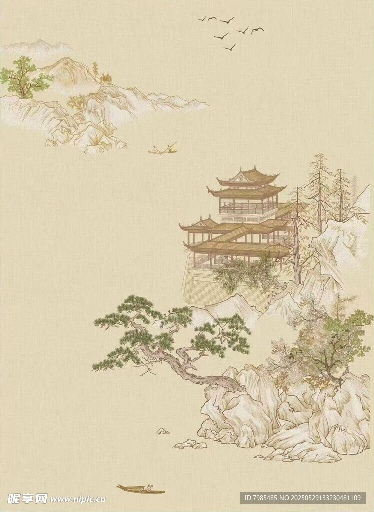 古风山水楼阁刺绣贴图