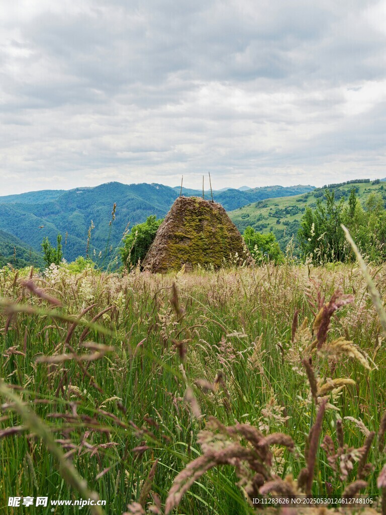 田野中的草垛与远山风景