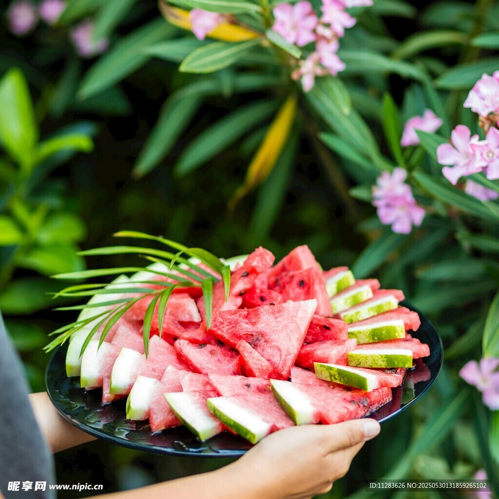 手捧西瓜拼盘与绿植花卉