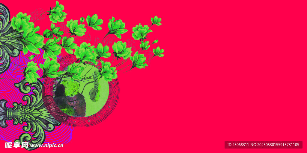 多彩绿植装饰红色背景