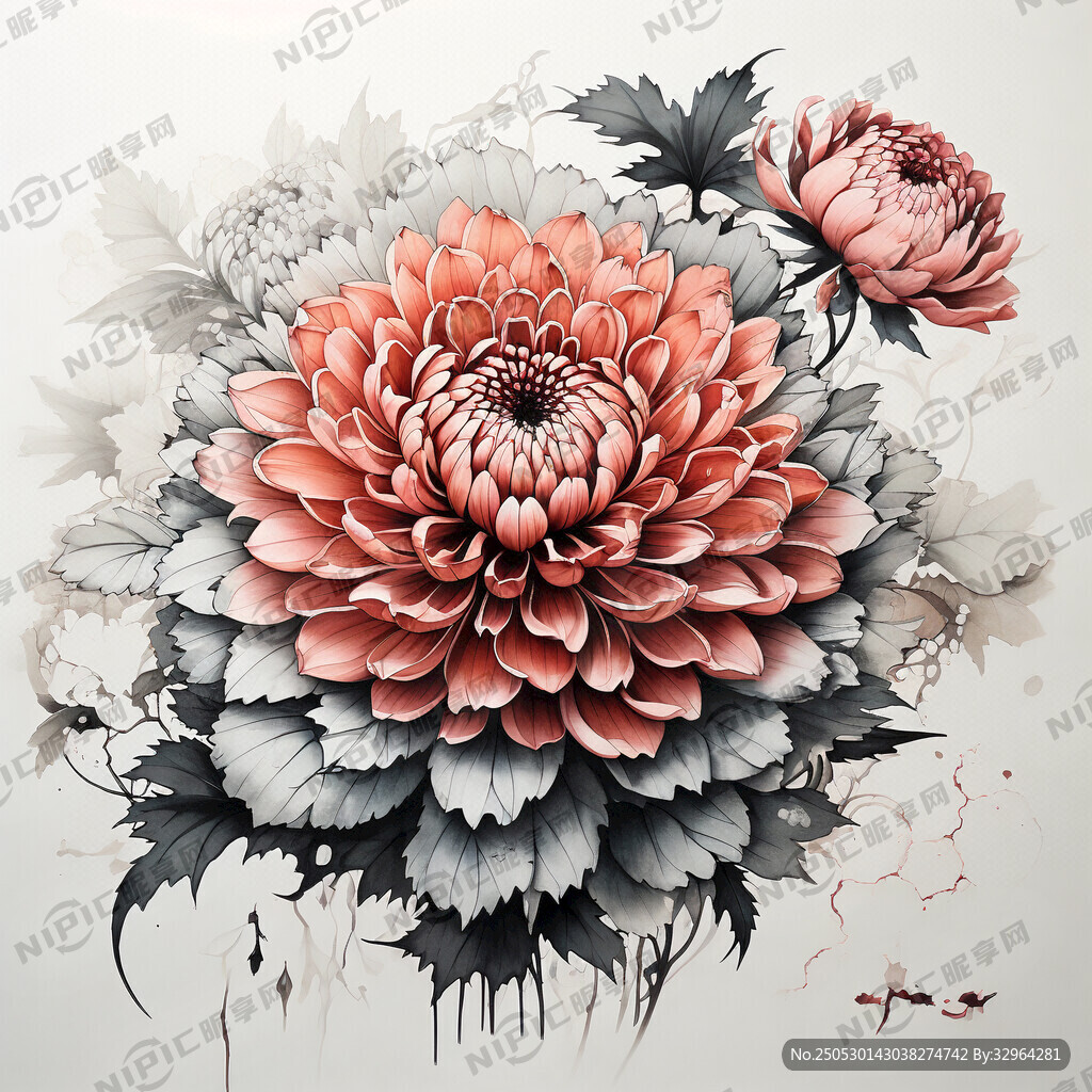 大花 线条 水墨风