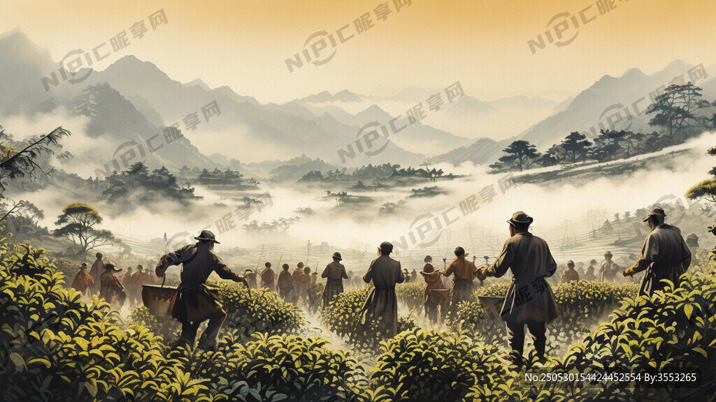 手绘茶山  农户采茶