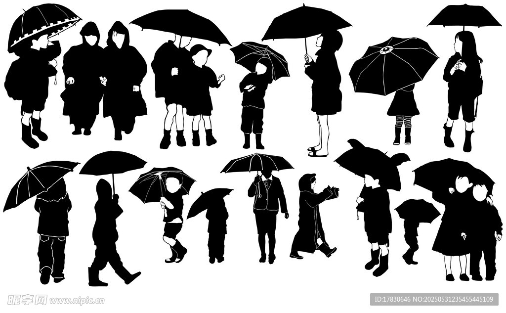 雨中撑伞人群剪影