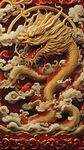 金色浮雕祥龙 ，盘柱龙  祥云，红色祥云 底图，