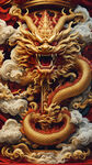 金色浮雕盘龙 祥龙  缠龙柱用，红色祥云底图  ，盘龙，颜色鲜艳，立体感强，有祥云，两边的图案多一点，龙头稍微小一点
