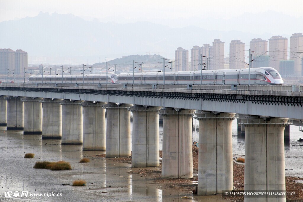 高铁跨桥穿行城市景观