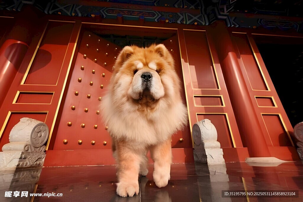 松狮犬立于中式红门前