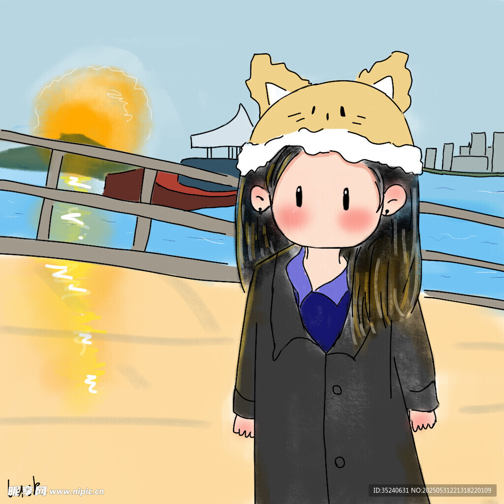 戴虎头帽的女孩站在户外