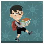 背着书包捧书奔跑的男孩