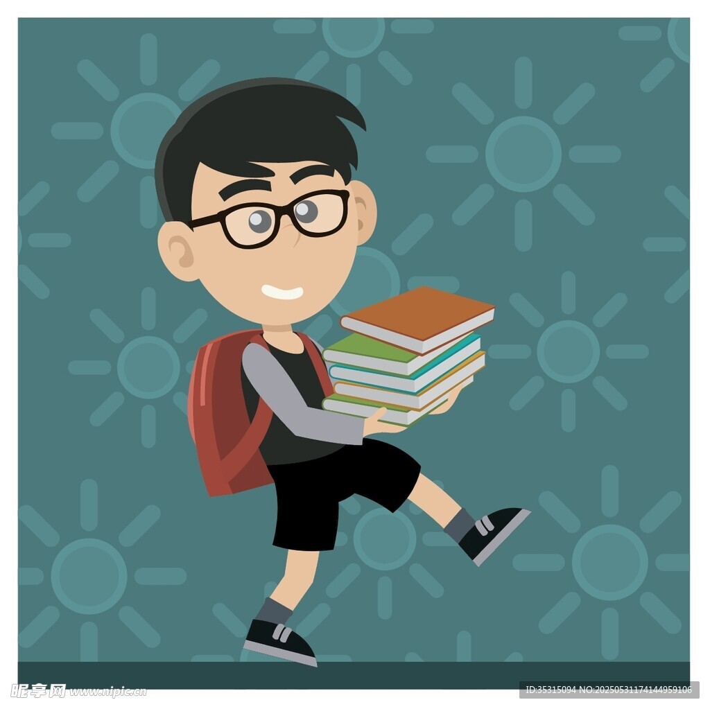 背着书包捧书奔跑的男孩