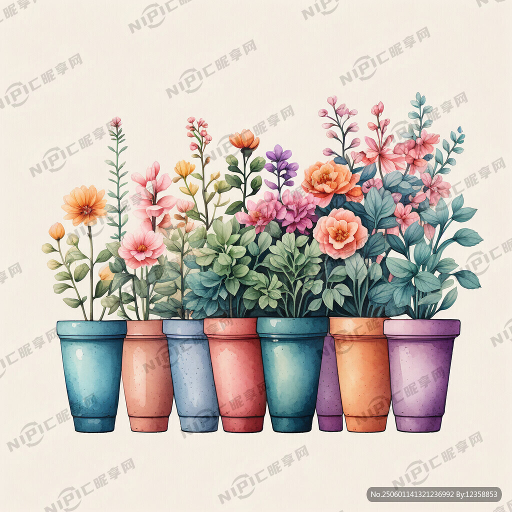 一排多彩盆栽花卉插画 水彩效果