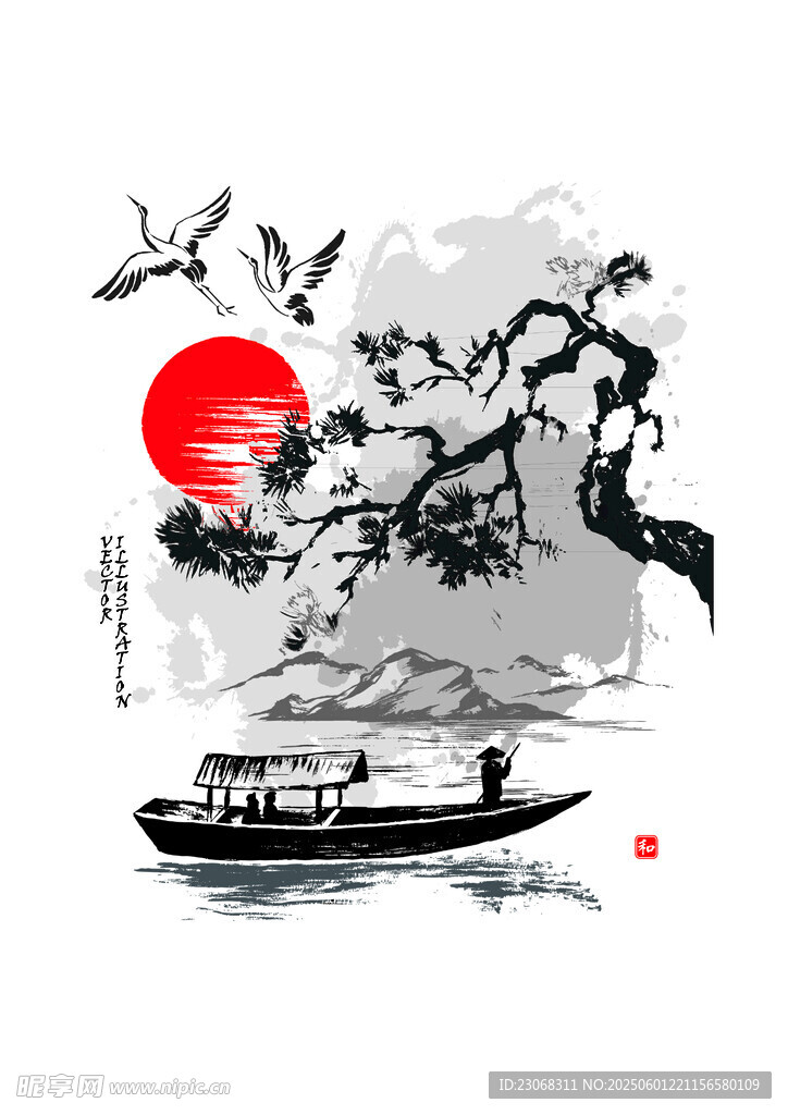 水墨江上景 飞鸟伴红日