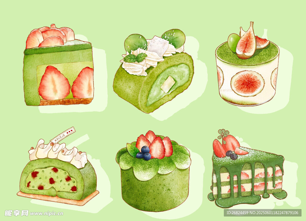 清新抹茶系甜点插画