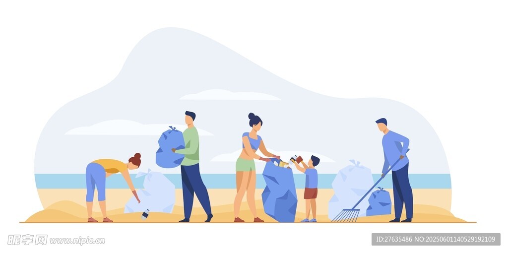 海边众人参与垃圾清理活动