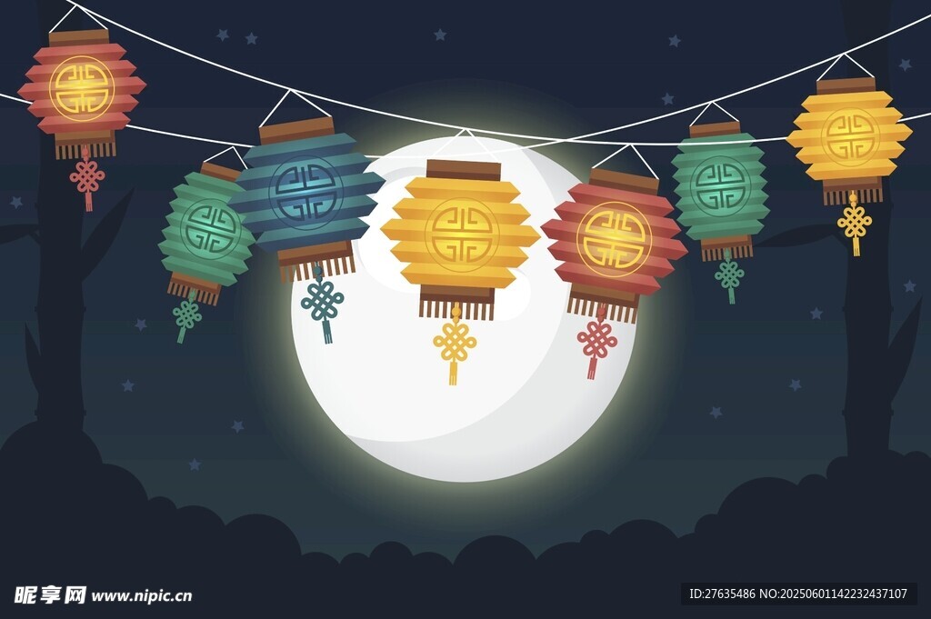 月夜下的多彩灯笼悬挂