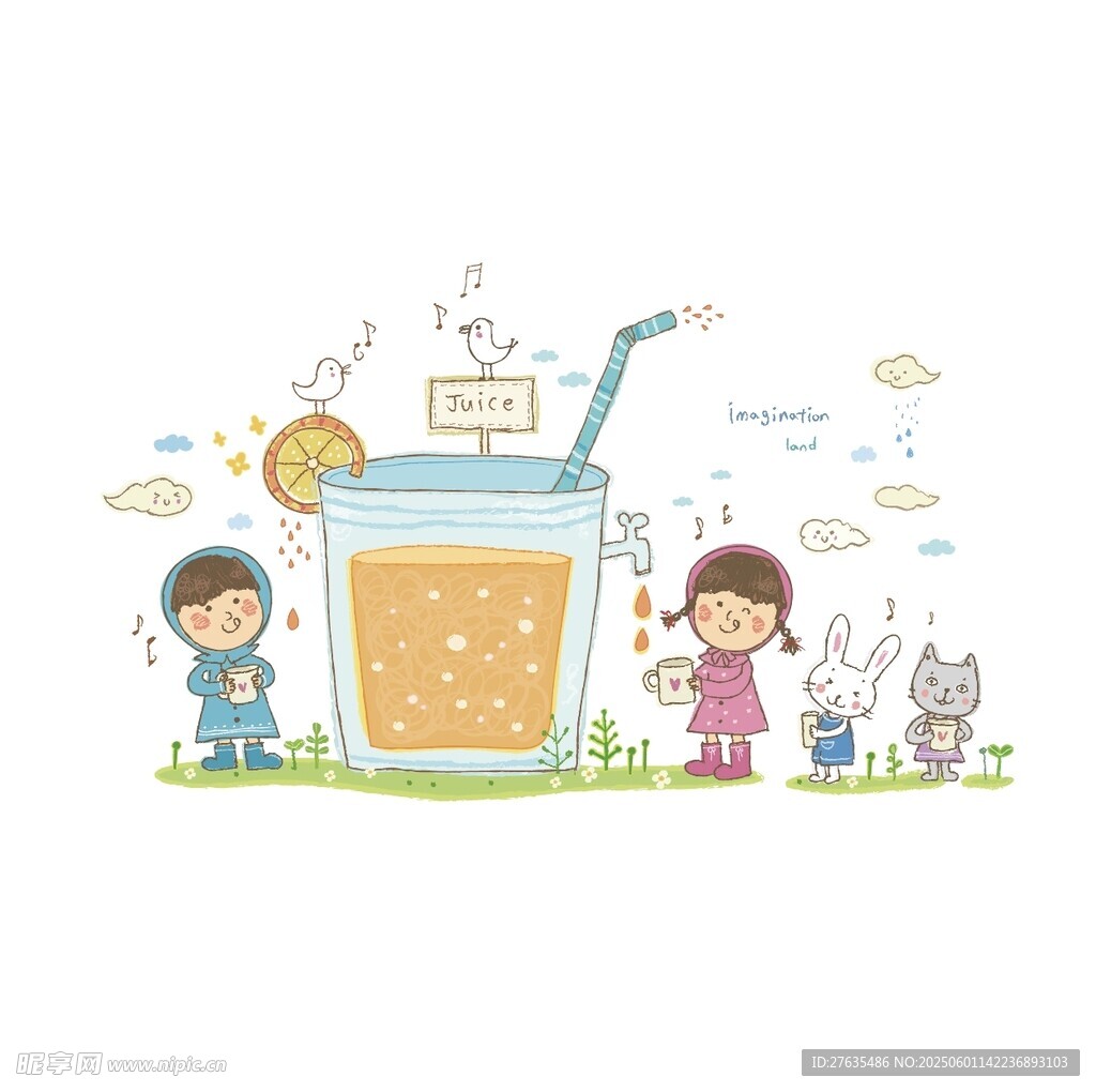 儿童与果汁的欢乐场景