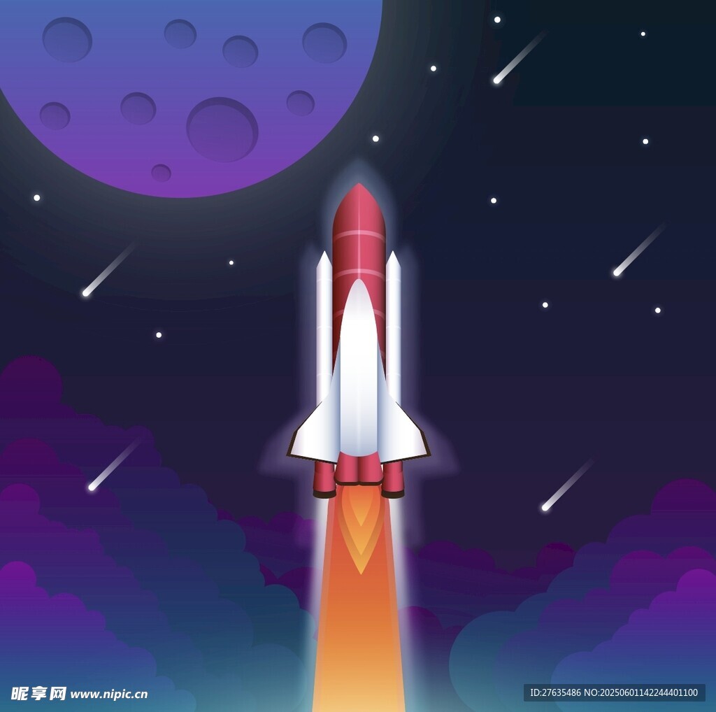 火箭升空驶向紫色夜空