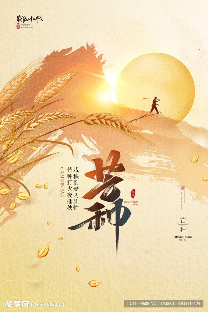 大气笔触麦子芒种节气海报