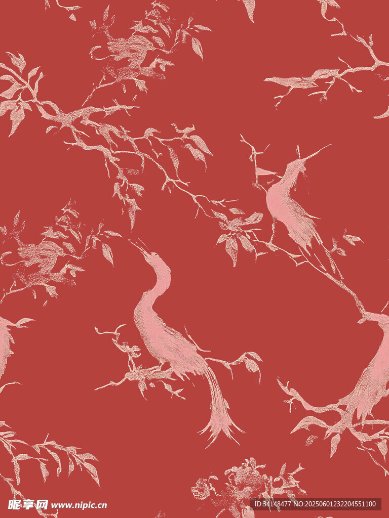 中式红底花鸟纹图案