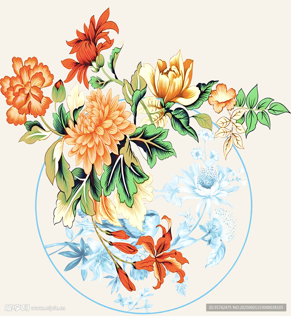 中式花卉锦鲤圆形印花
