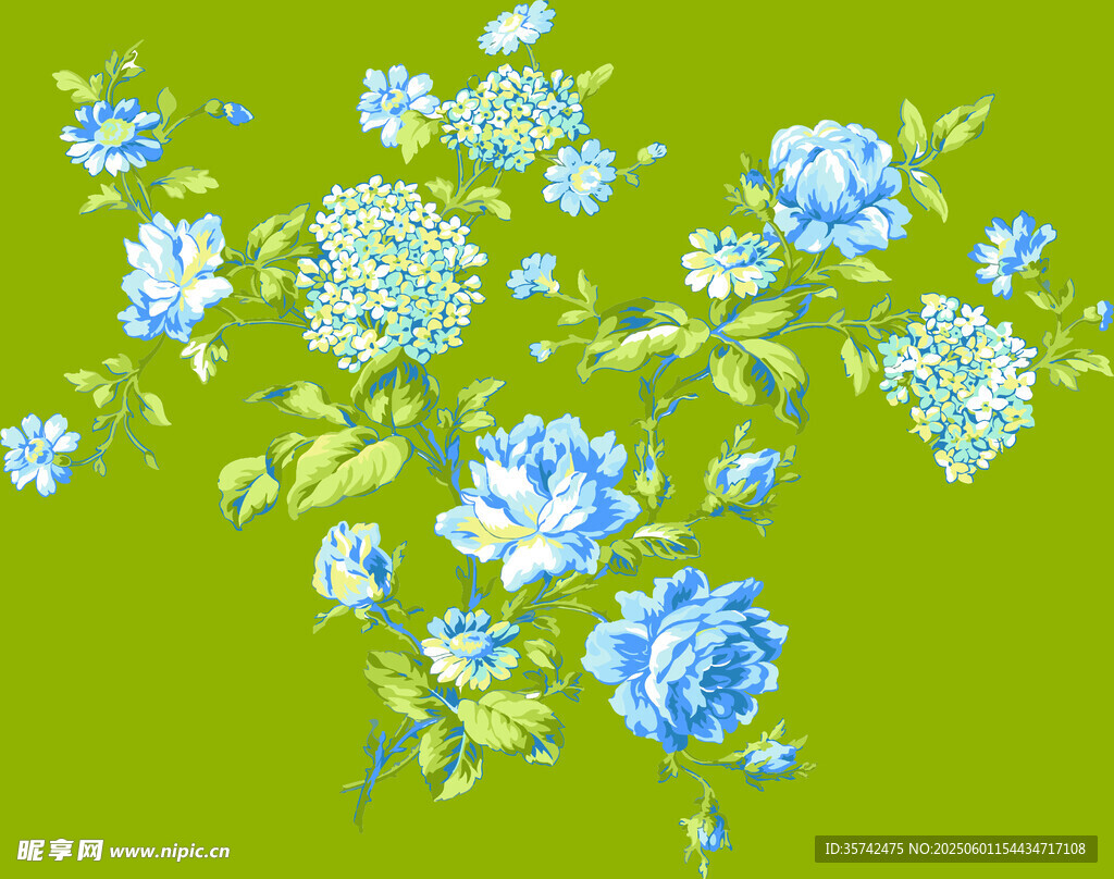 蓝花绿叶矢量花卉
