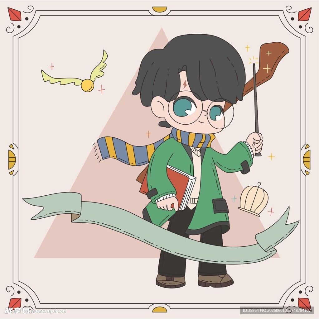 魔法少年手持魔杖与书籍