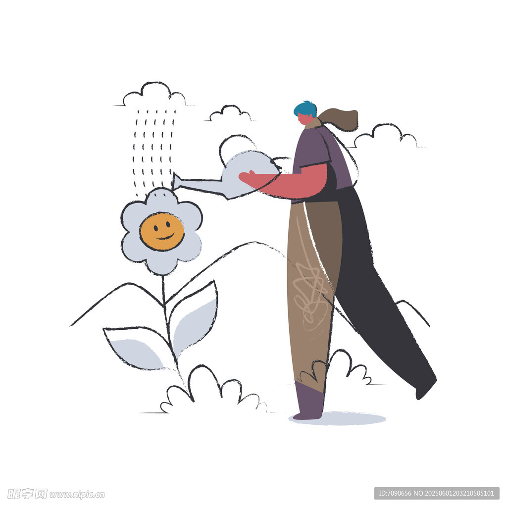 女士浇灌花朵插画