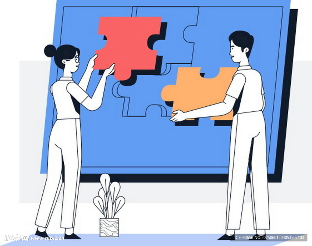 两人协作拼合大拼图画面