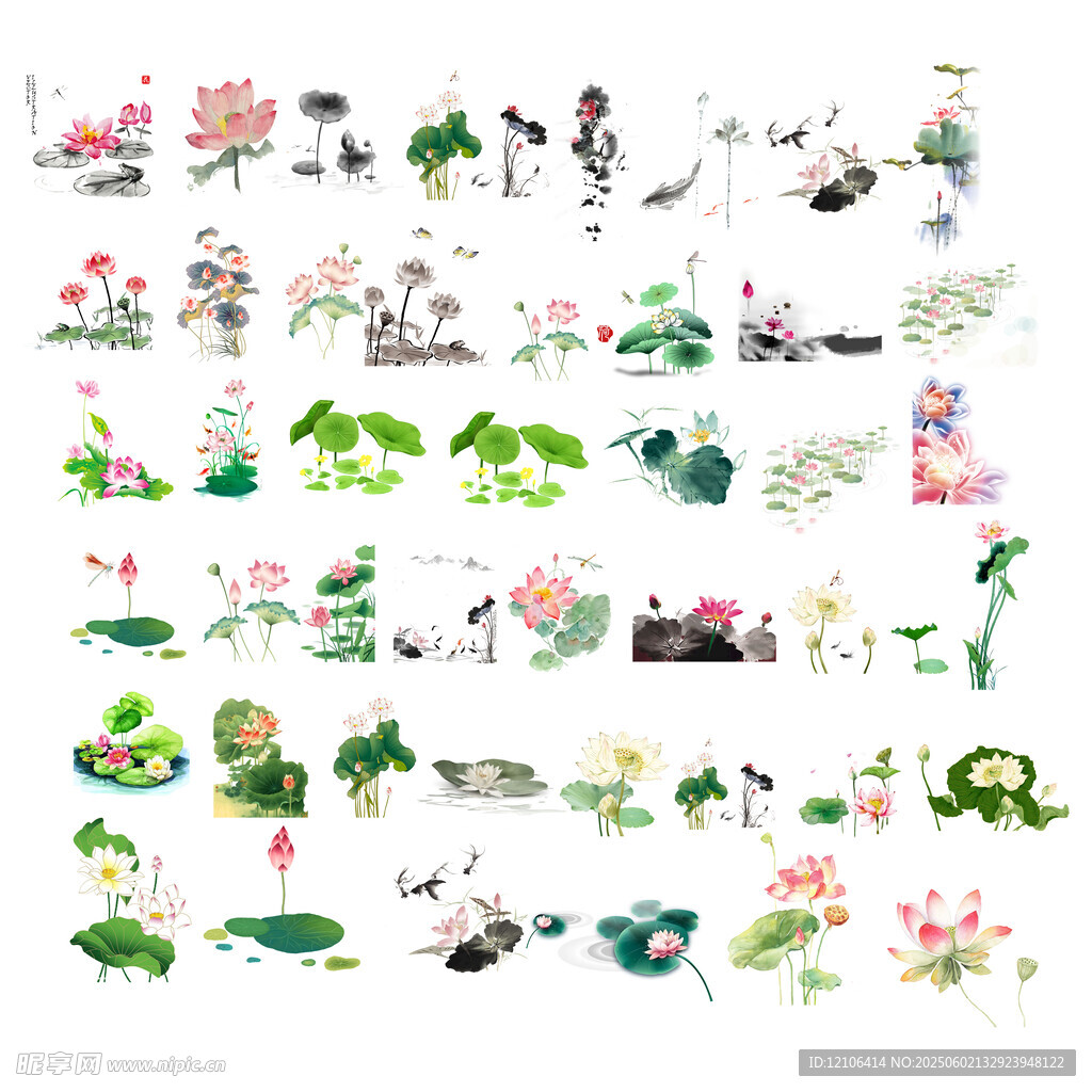 水墨风荷花荷叶插画元素