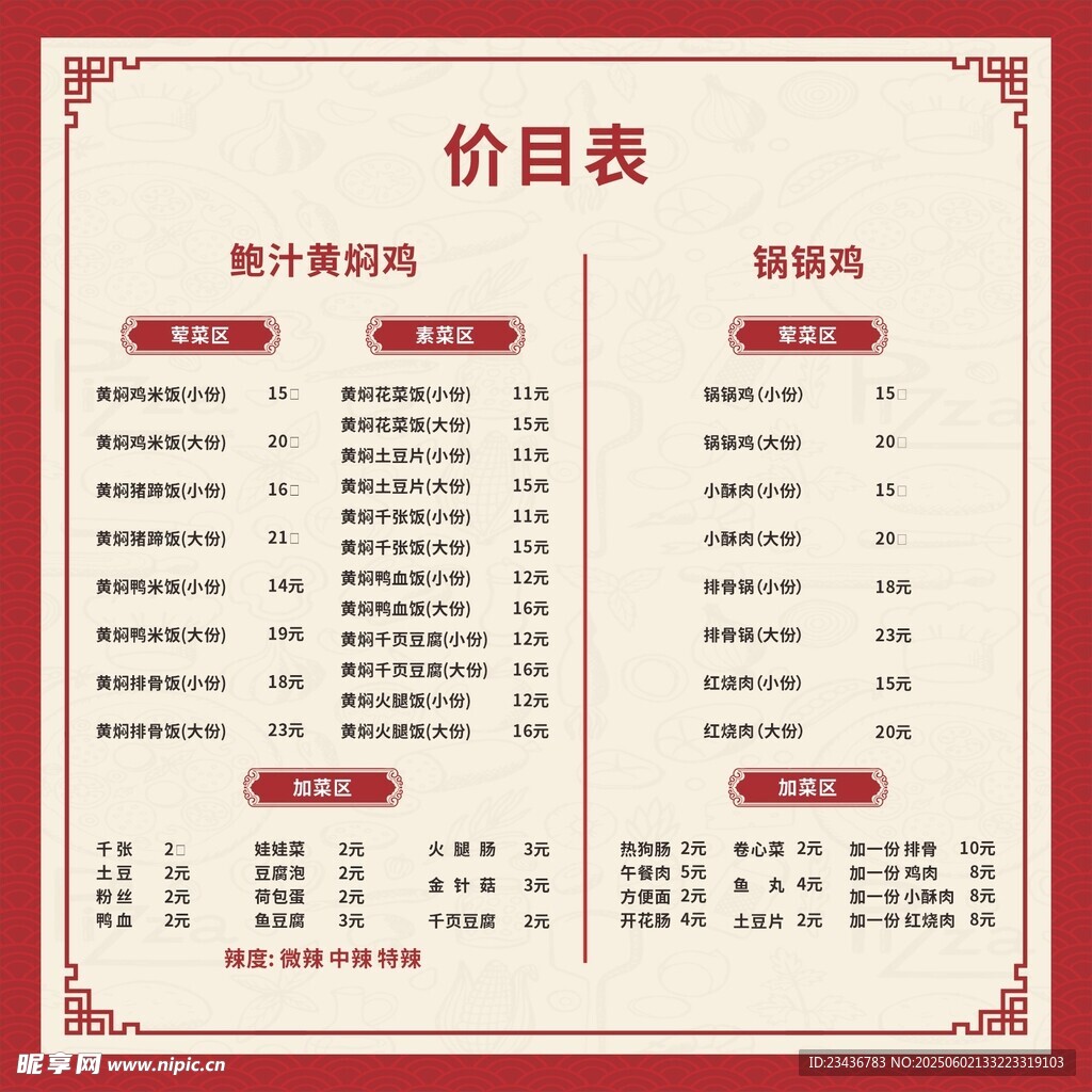 黄焖鸡价目表