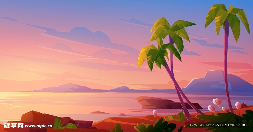 海边日落时的棕榈树美景