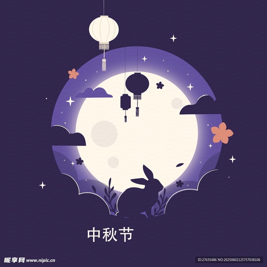 中秋月夜玉兔与孔明灯
