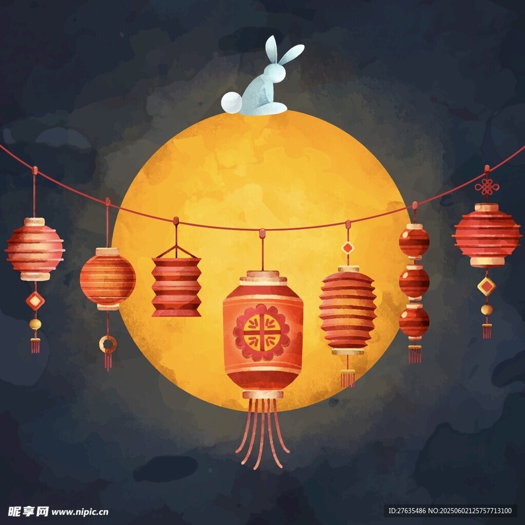 玉兔伴月挂灯笼庆中秋