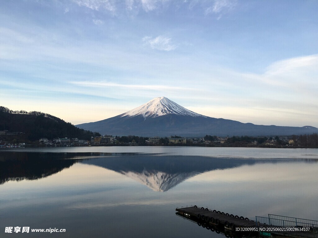 富士山倒映湖面美景