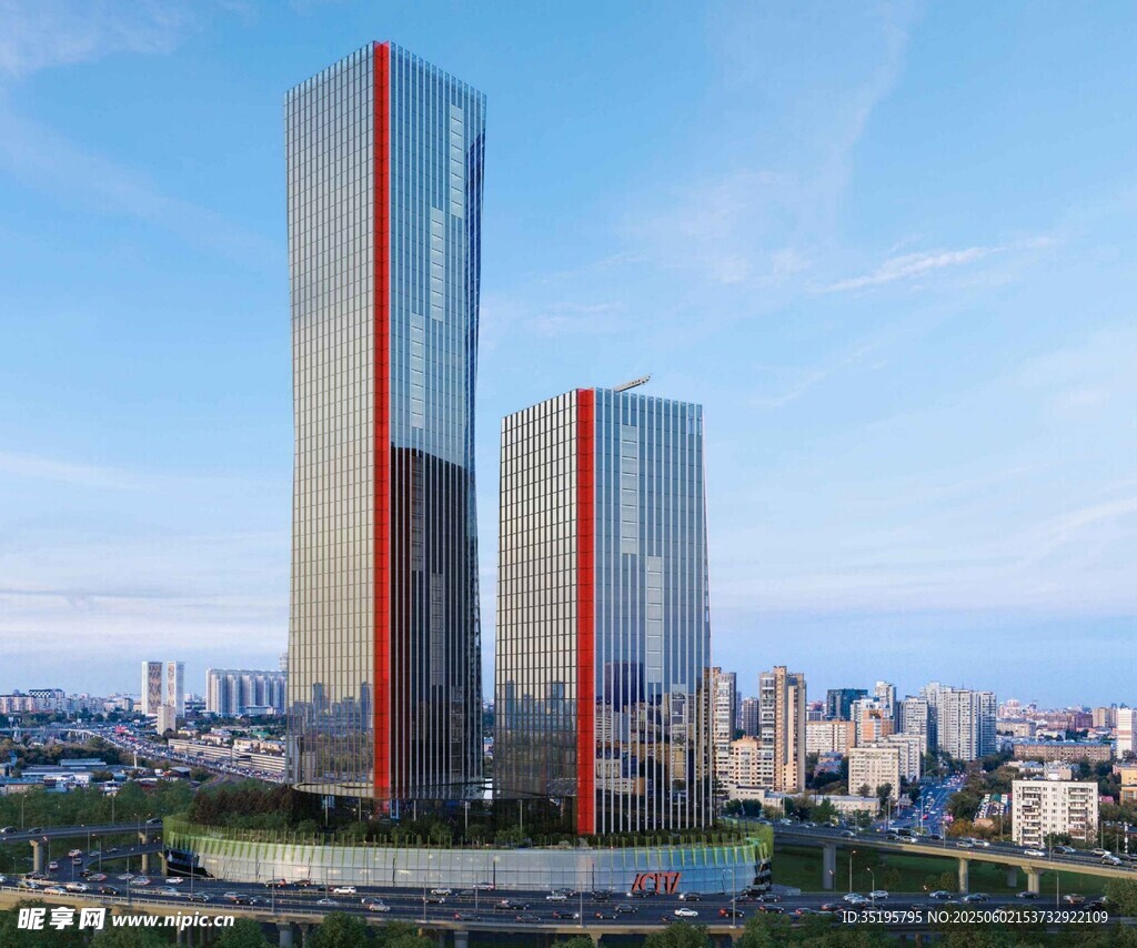 现代双子摩天大楼城市景观
