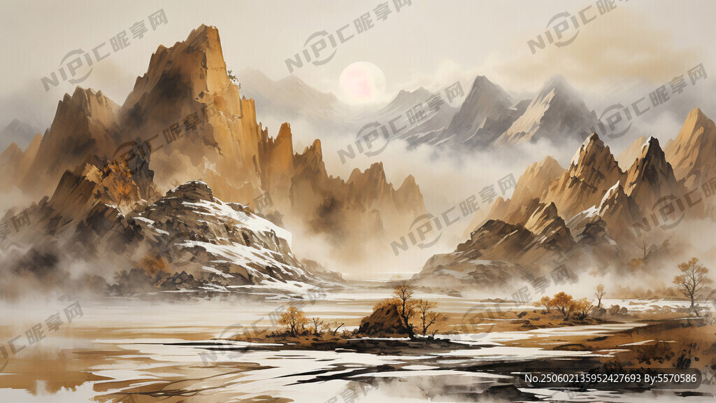 金色雪山 水墨画风格
