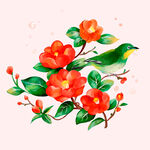 娇艳花朵与灵动小鸟插画